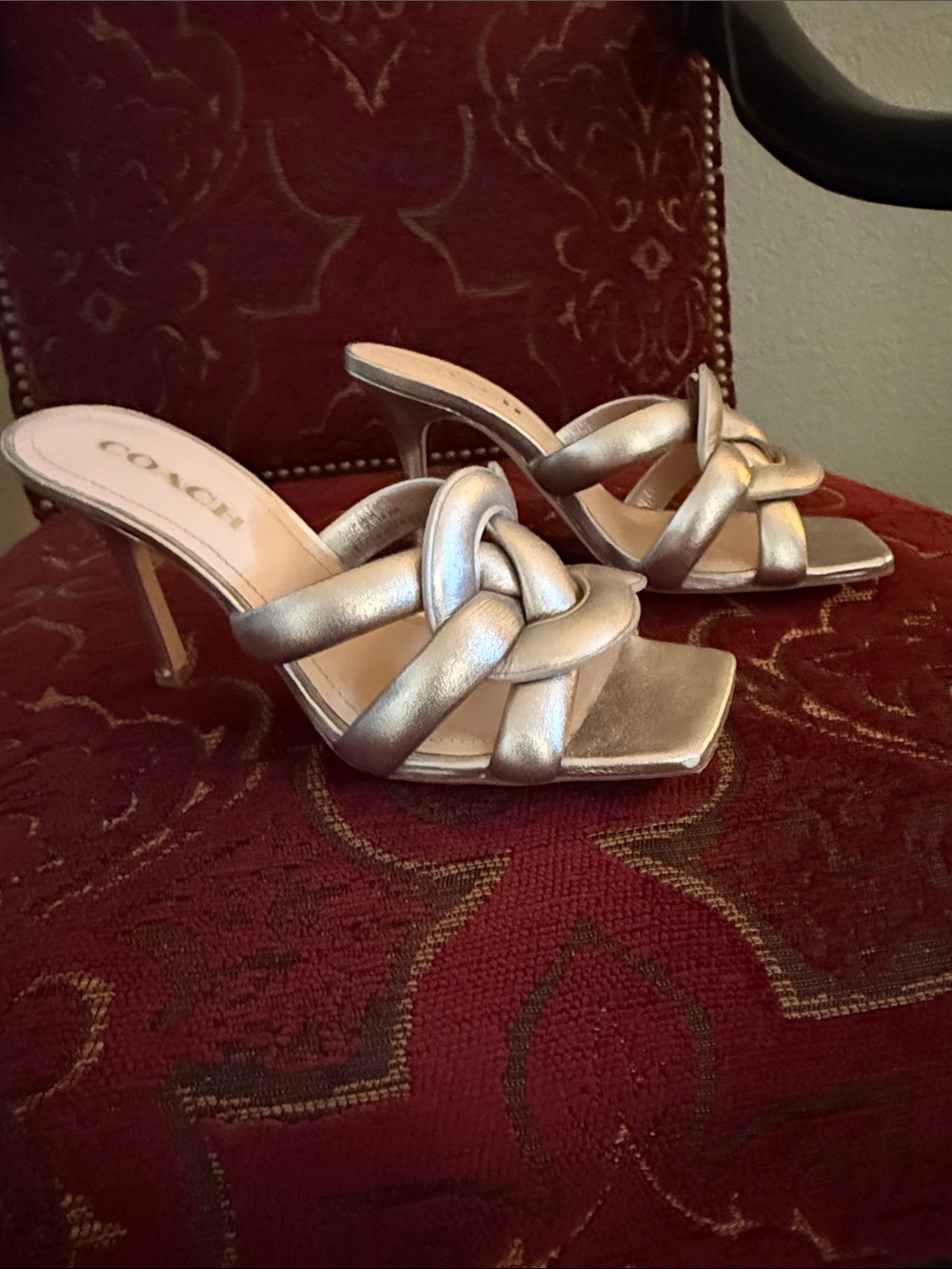 Coach Metallic Silver Knotted Mule Heels